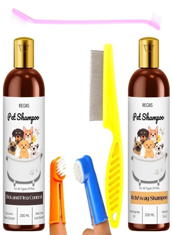 مجموعة شامبو ريجيس للحيوانات الأليفة مع تركيبة مضادة للحكة ومكافحة القراد، 200 مل لكل عبوة، مع فرش للعناية بالكلاب، لجميع أنواع الحيوانات الأليفة (عبوة من 4 قطع) - Image 1